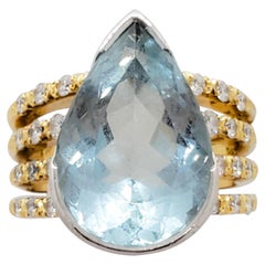 Estate Aquamarine Pear and White Diamond Cocktail Ring in 18 Karat Yellow Gold
