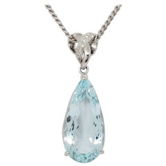 Estate Aquamarine Pear and White Diamond Pendant Necklace in Platinum