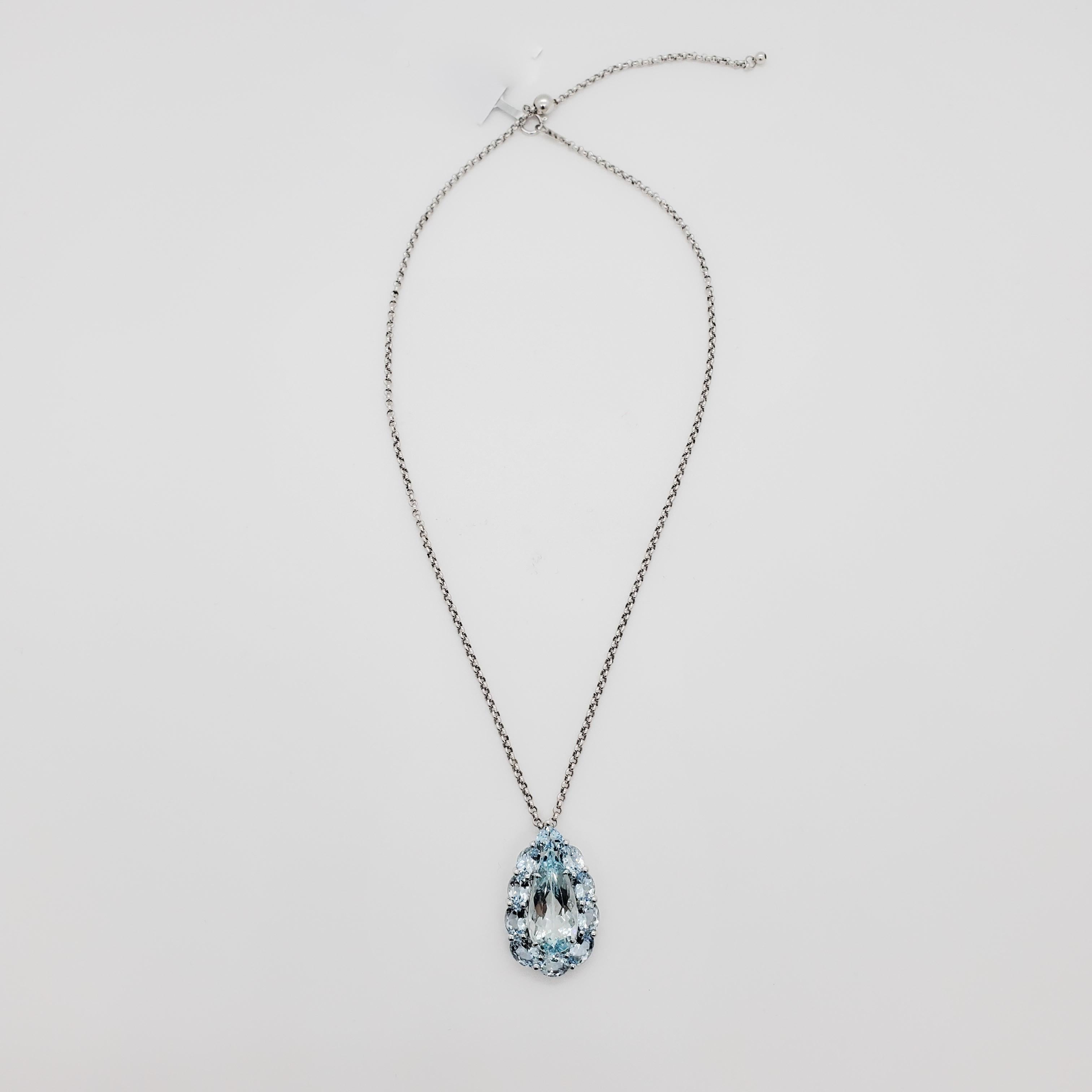 Estate Aquamarine Pear Shape Pendant Necklace in 18k White Gold 1