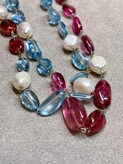 Estate Aquamarine Pink Tourmaline Pearl Platinum Long Necklace 25” 240ctw