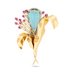 Alfiler de flor de aguamarina, rubí y diamantes; retro años 40, oro amarillo de 14 quilates