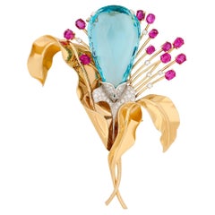 Estate Aquamarine, Ruby and Diamond Flower Pin; Retro 1940s, 14Karat Yellow Gold