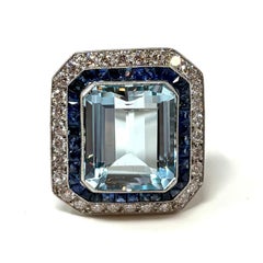 Estate Aquamarine, Sapphire and Diamond Ring set in Platinum, Circa 1950's