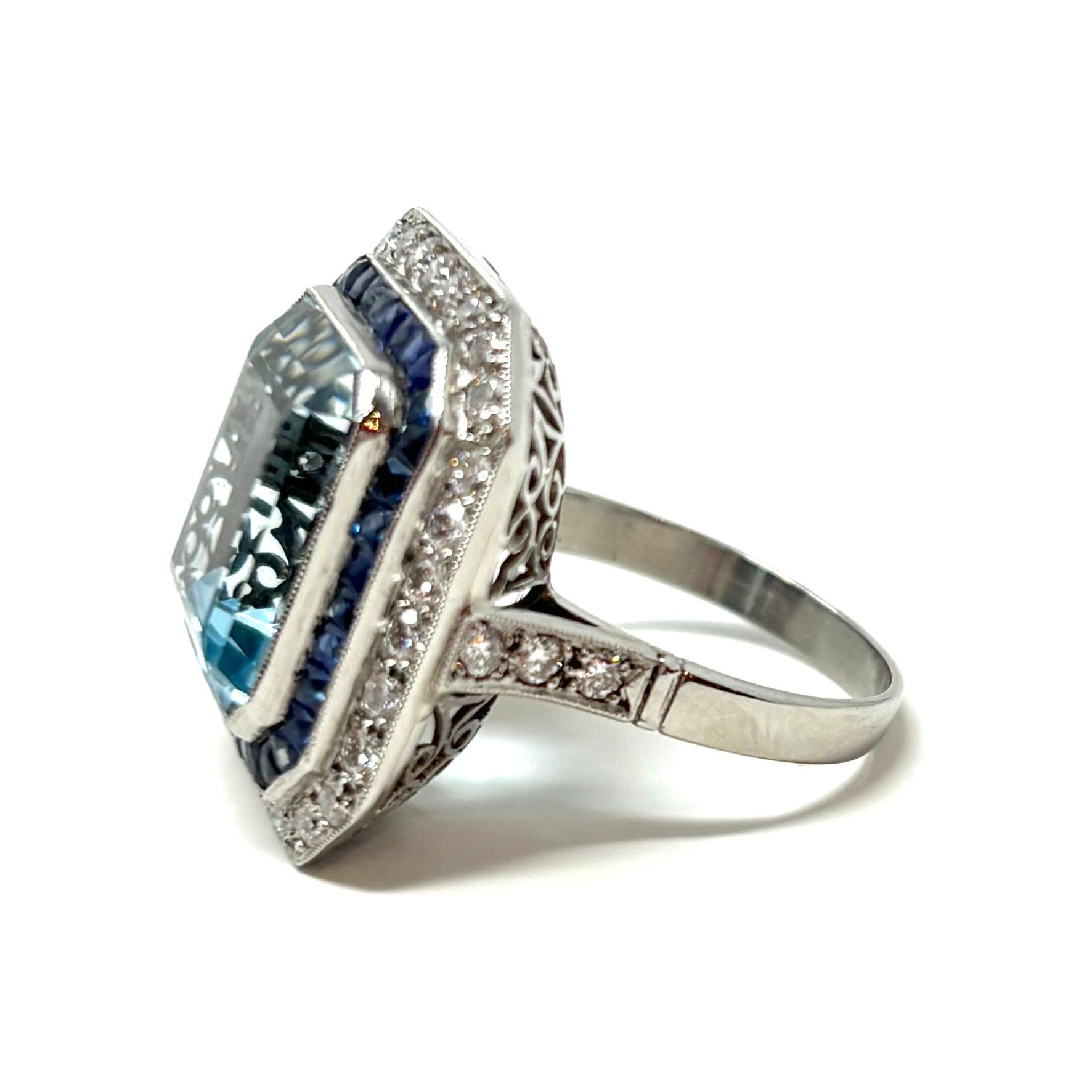 Art Deco Estate Aquamarine, Sapphire and Diamond Ring set in Platinum, Circa 1950's For Sale