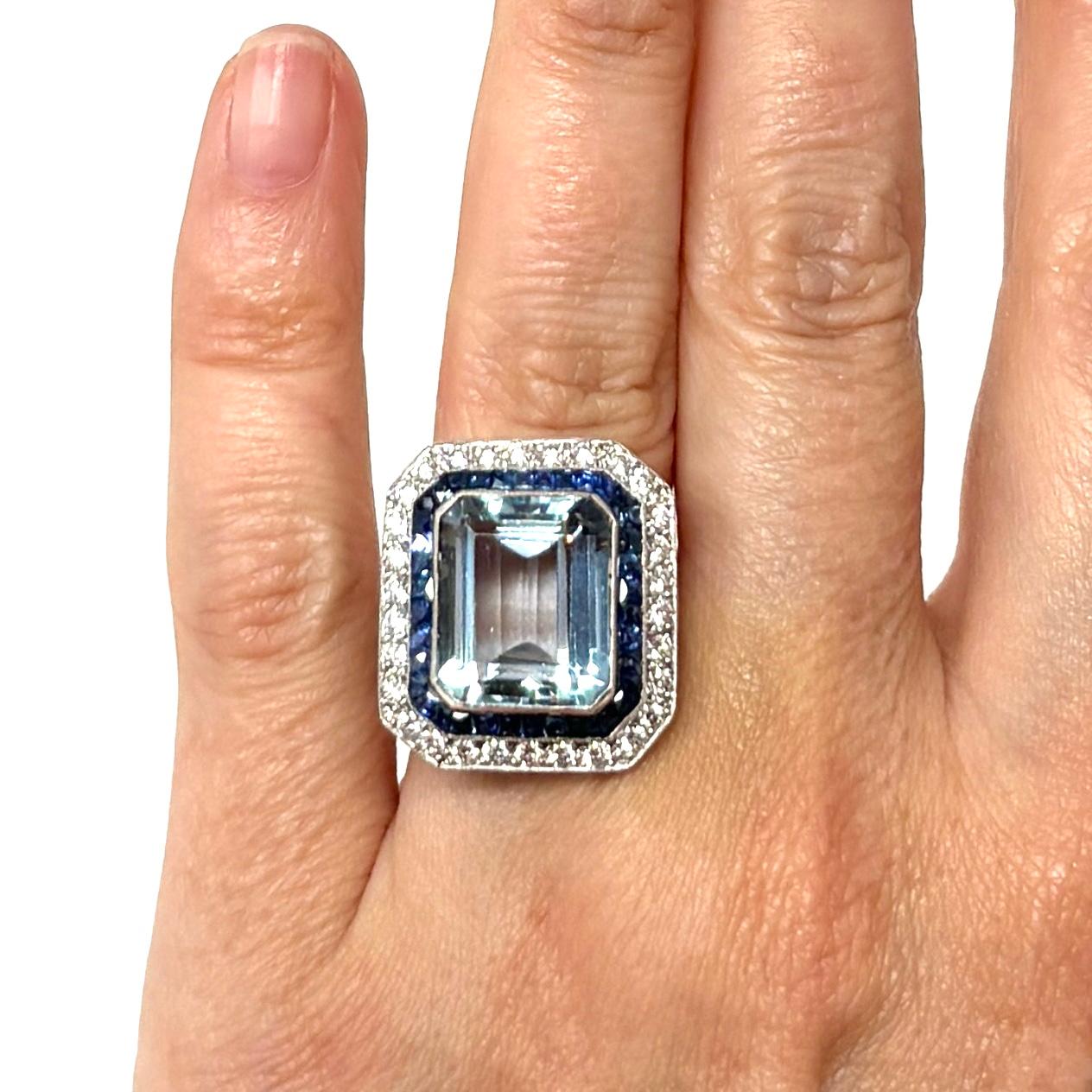 Estate Aquamarine, Sapphire and Diamond Ring set in Platinum, Circa 1950's For Sale 1