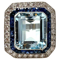 Estate Aquamarine, Sapphire and Diamond Ring set in Platinum, Circa 1950's