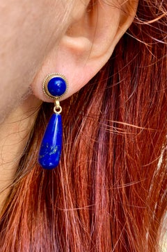 Estate Archaelogical Revival Style Lapis Lazuli 14K Yellow Gold Drop Earrings