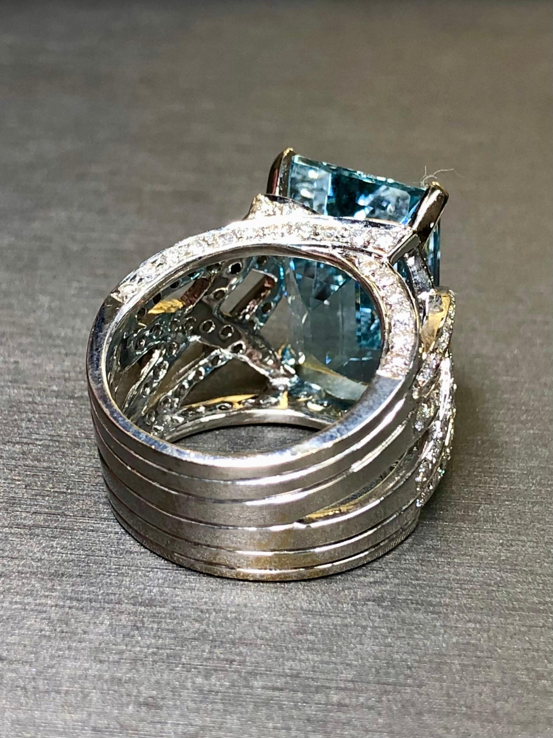 Emerald Cut Estate AREZZO 18K White Gold Cut Aquamarine Diamond Wide Cocktail Ring 17.13ctw