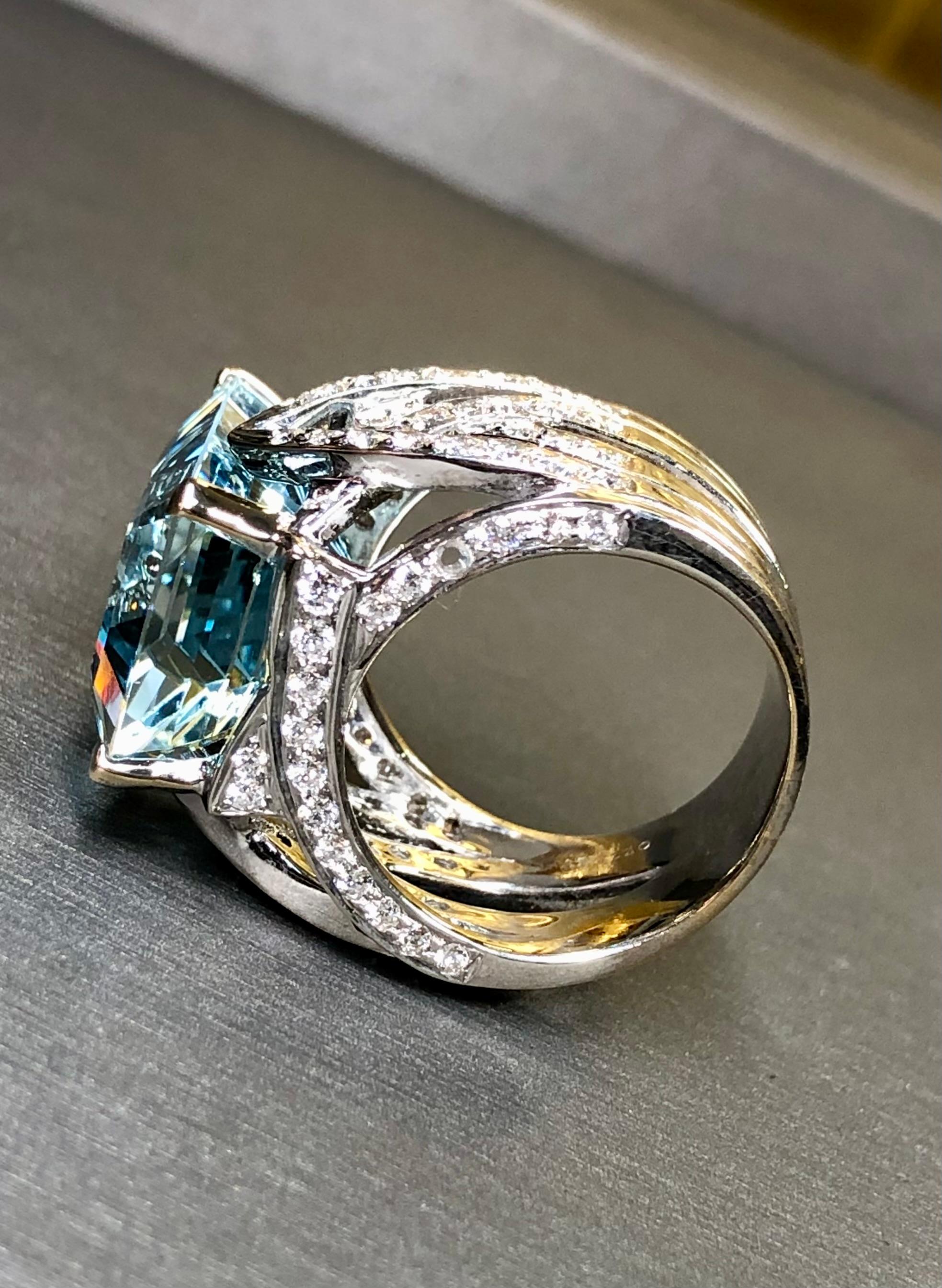Estate AREZZO 18K White Gold Cut Aquamarine Diamond Wide Cocktail Ring 17.13ctw In Excellent Condition In Winter Springs, FL