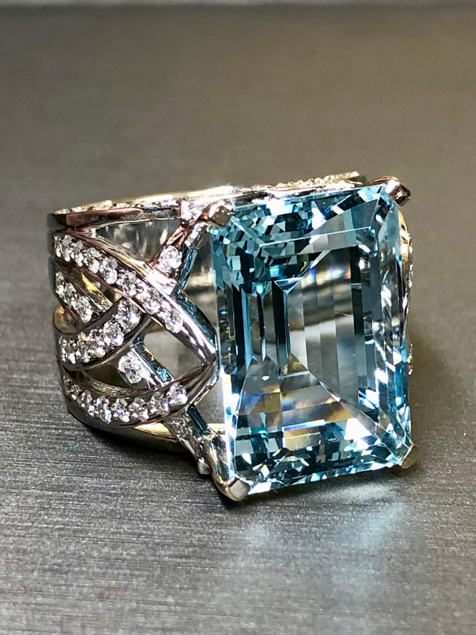 Women's or Men's Estate AREZZO 18K White Gold Cut Aquamarine Diamond Wide Cocktail Ring 17.13ctw
