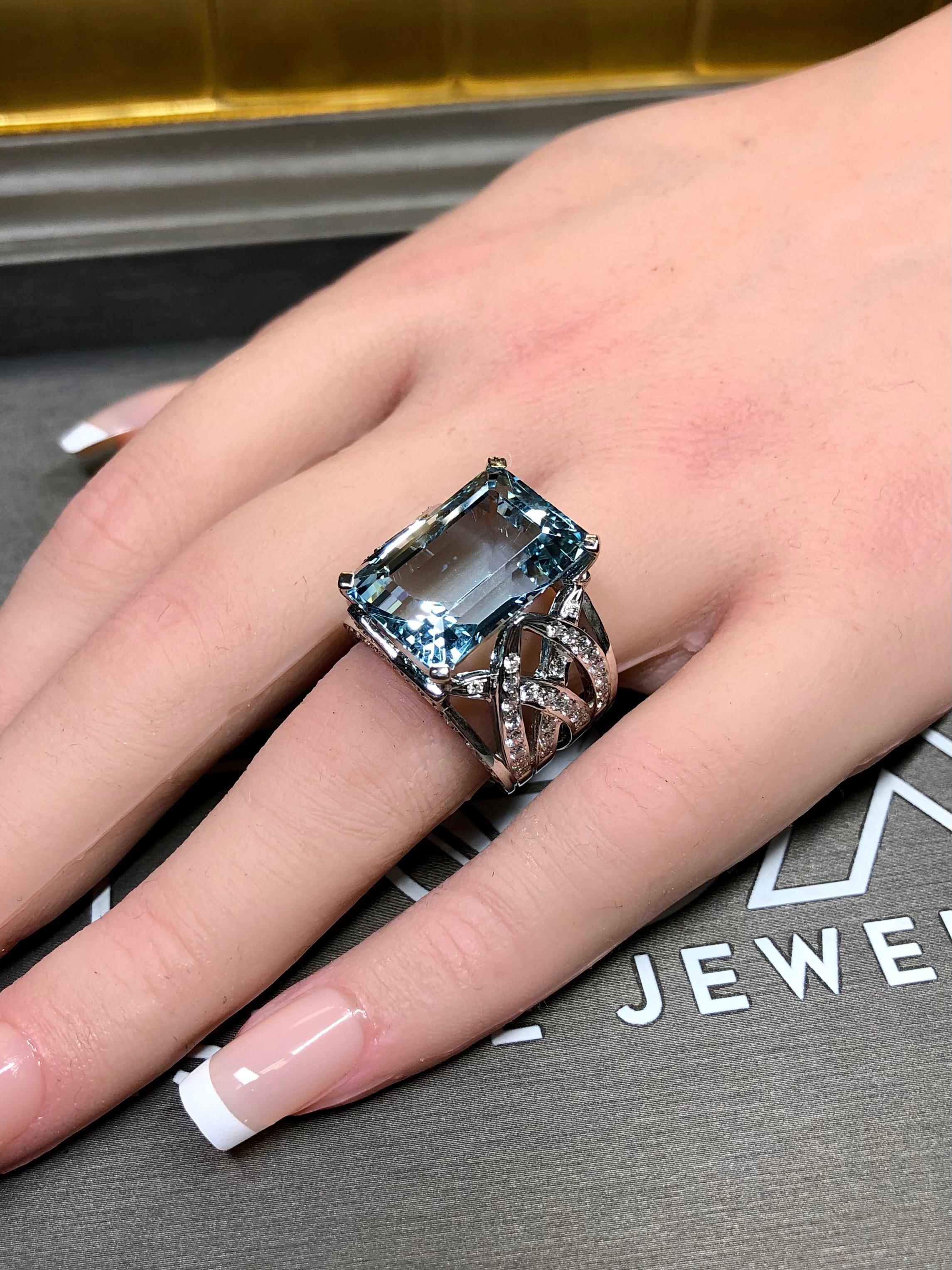 Estate AREZZO 18K White Gold Cut Aquamarine Diamond Wide Cocktail Ring 17.13ctw 1