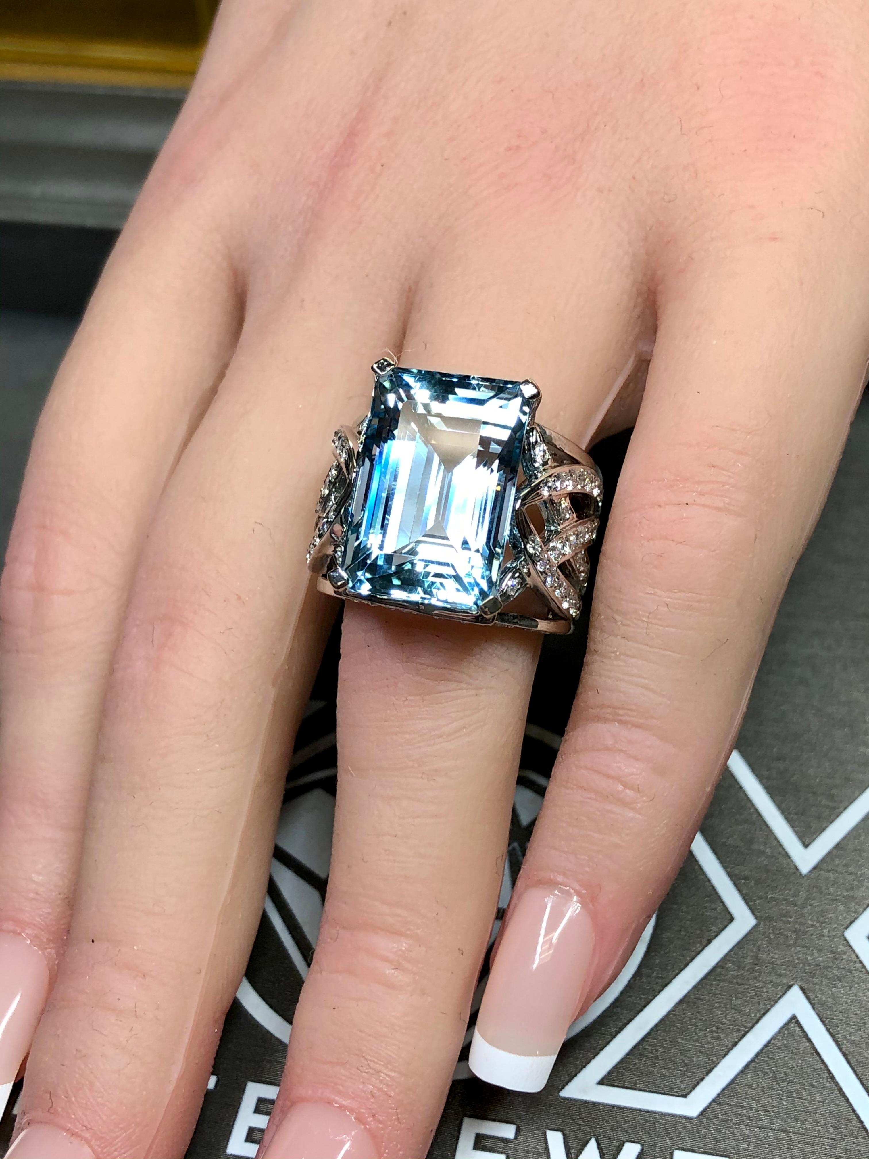 Estate AREZZO 18K White Gold Cut Aquamarine Diamond Wide Cocktail Ring 17.13ctw 3