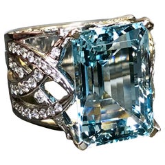 Estate AREZZO 18K White Gold Cut Aquamarine Diamond Wide Cocktail Ring 17.13ctw