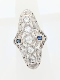 Estate Art Deco 14 Karat White Gold .85 Carat Diamond and Sapphire Filigree Ring