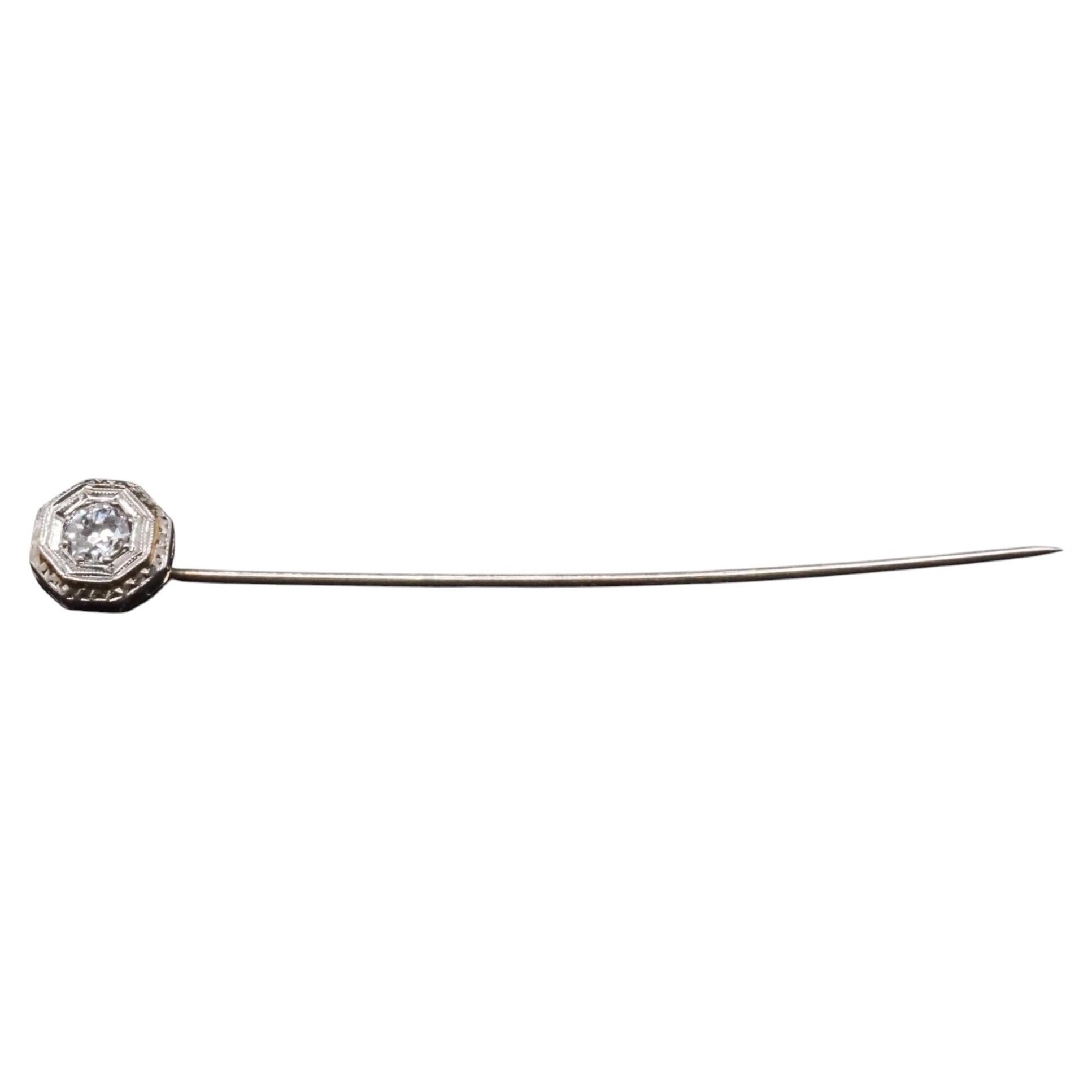 Estate Art Deco 16K White Gold Diamond Stick Pin - VHK#342a