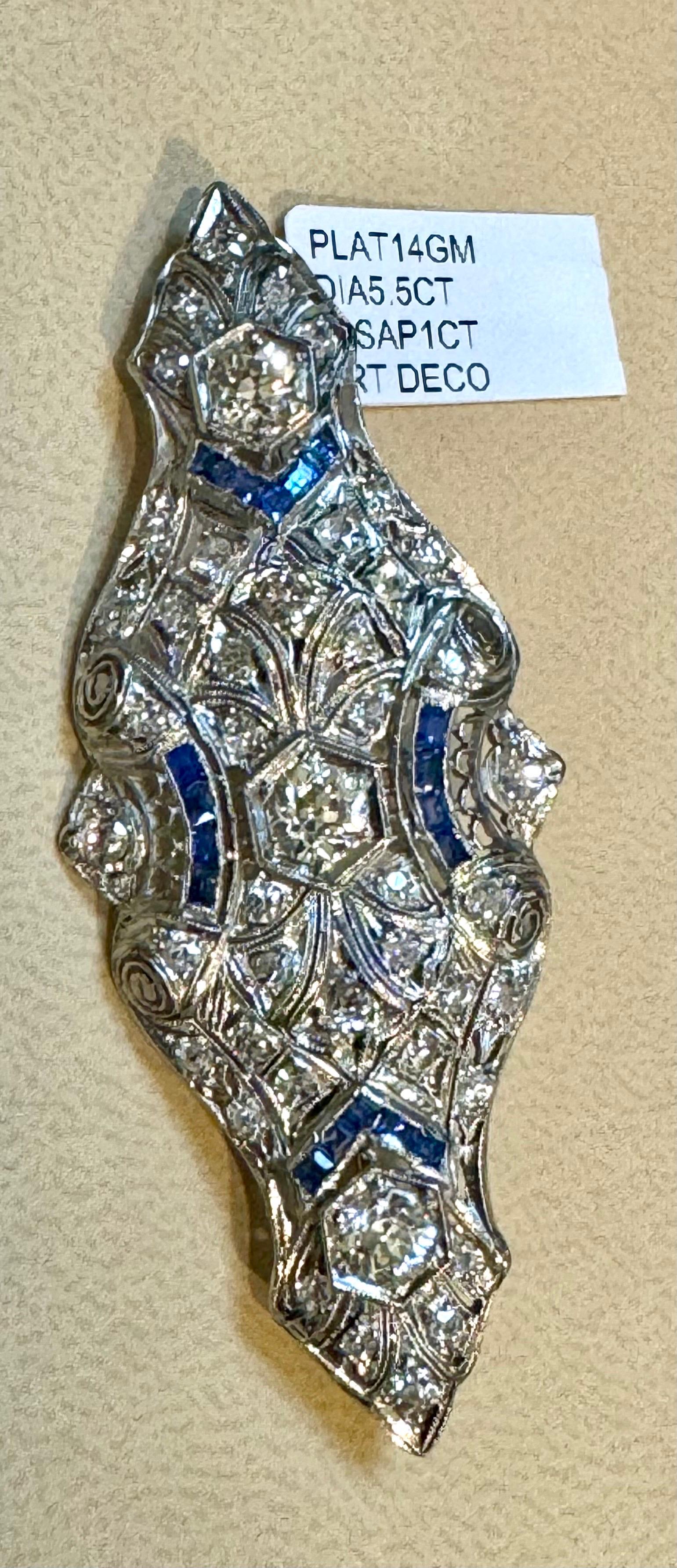  Estate Art Deco 5 Ct Diamond & Sapphire Platinum 13.7Gm Pin / Broach VS Quality For Sale 5