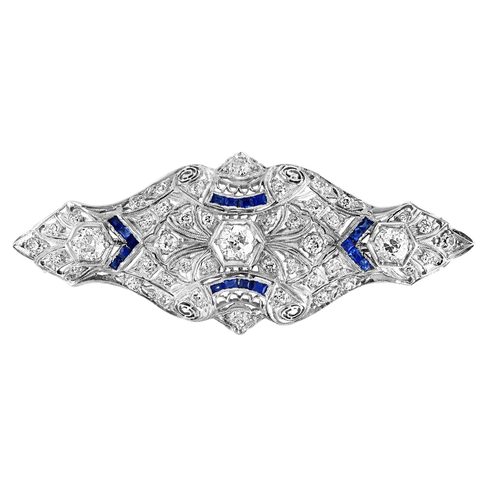  Estate Art Deco 5 Ct Diamond & Sapphire Platinum 13.7Gm Pin / Broach VS Quality For Sale
