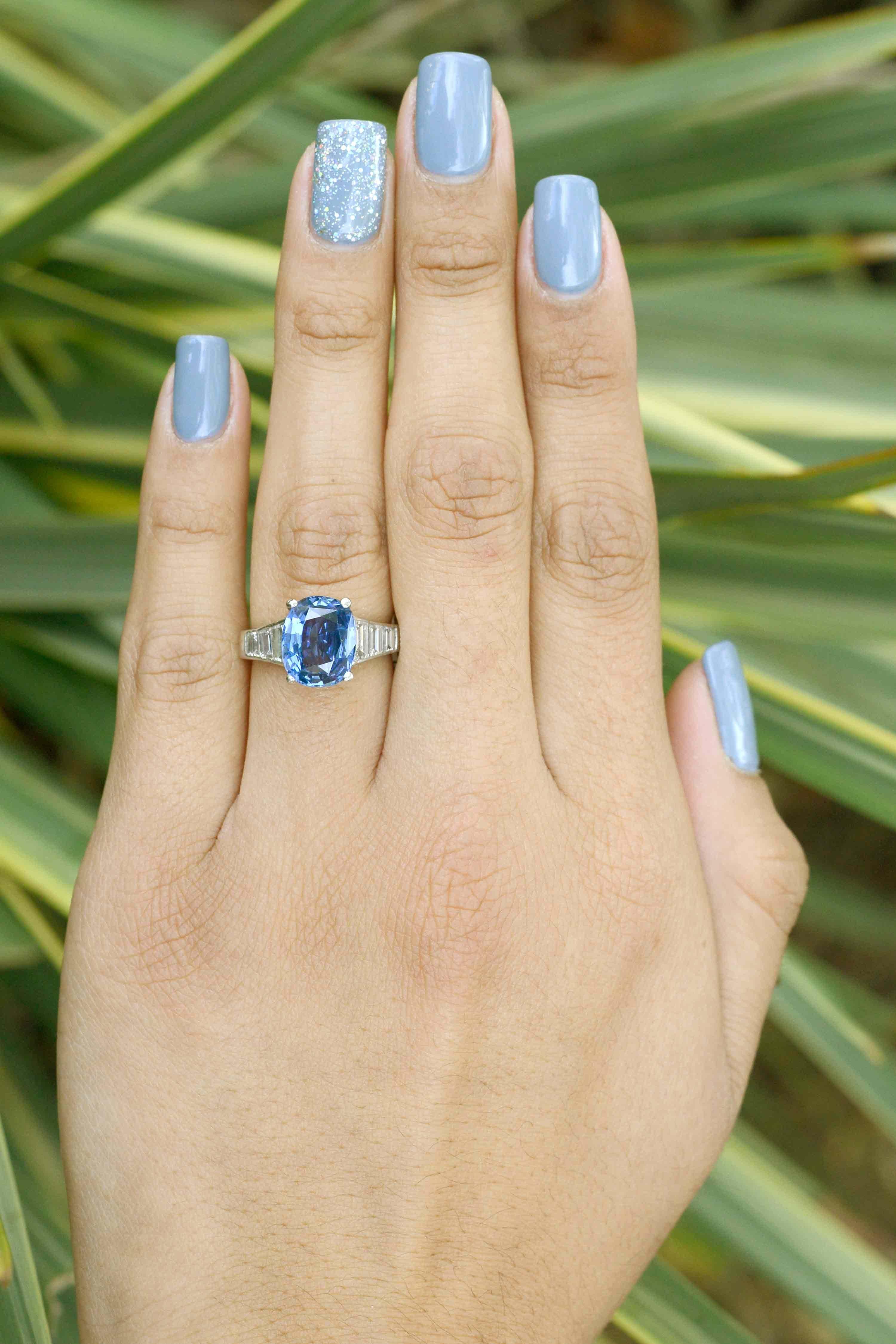 The Flagstaff Vintage 5 Carat unheated Art Deco style sapphire diamond engagement ring. A no heat, GIA certified rare gemstone of Ceylon (Sri Lanka) origins with a luxurious, denim-blue color and captivating clarity. This vintage Jazz Age estate