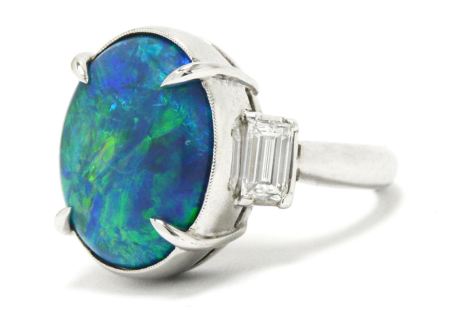 Women's Estate Art Deco Black Opal Engagement Ring Platinum Cocktail Three Stone