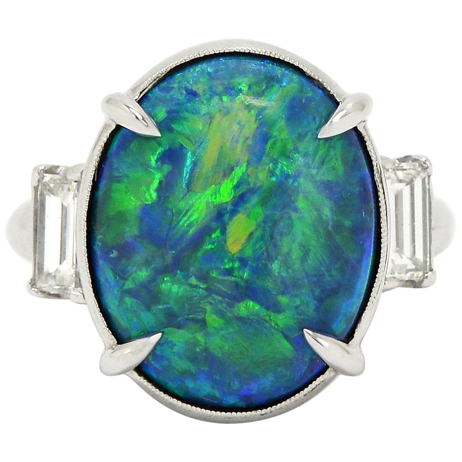 Estate Art Deco Black Opal Engagement Ring Platinum Cocktail Three Stone