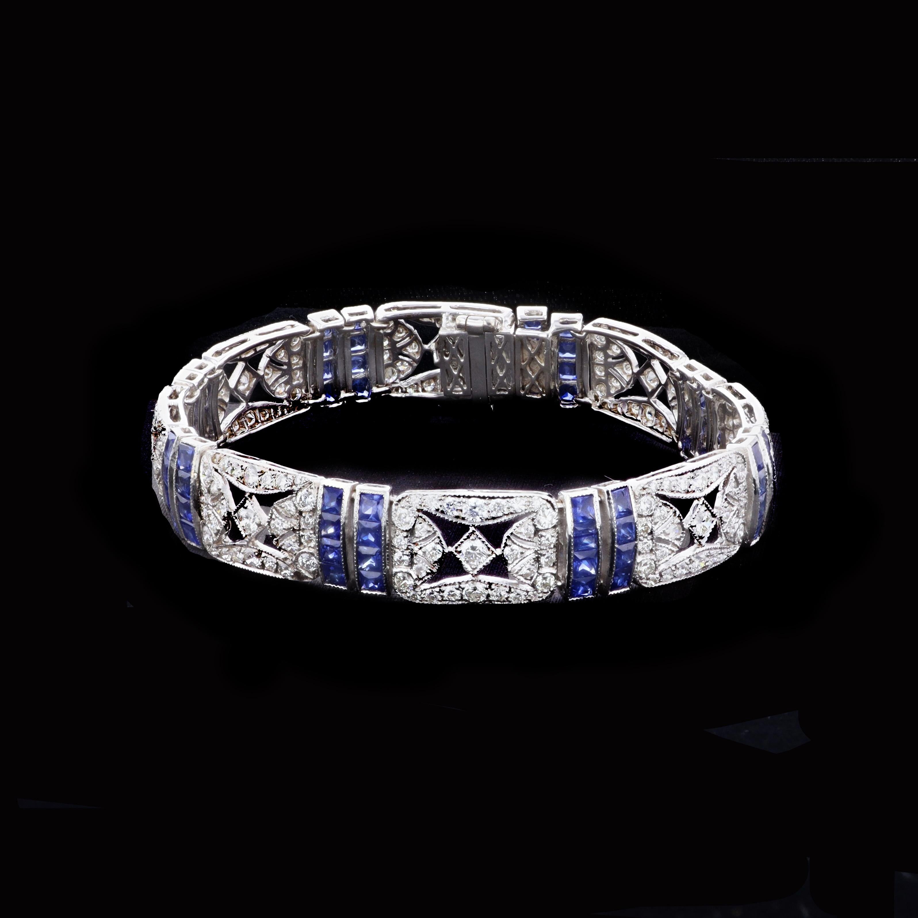Art-Déco-Armband mit Diamanten und Saphiren im Zustand „Hervorragend“ in NEW ORLEANS, LA