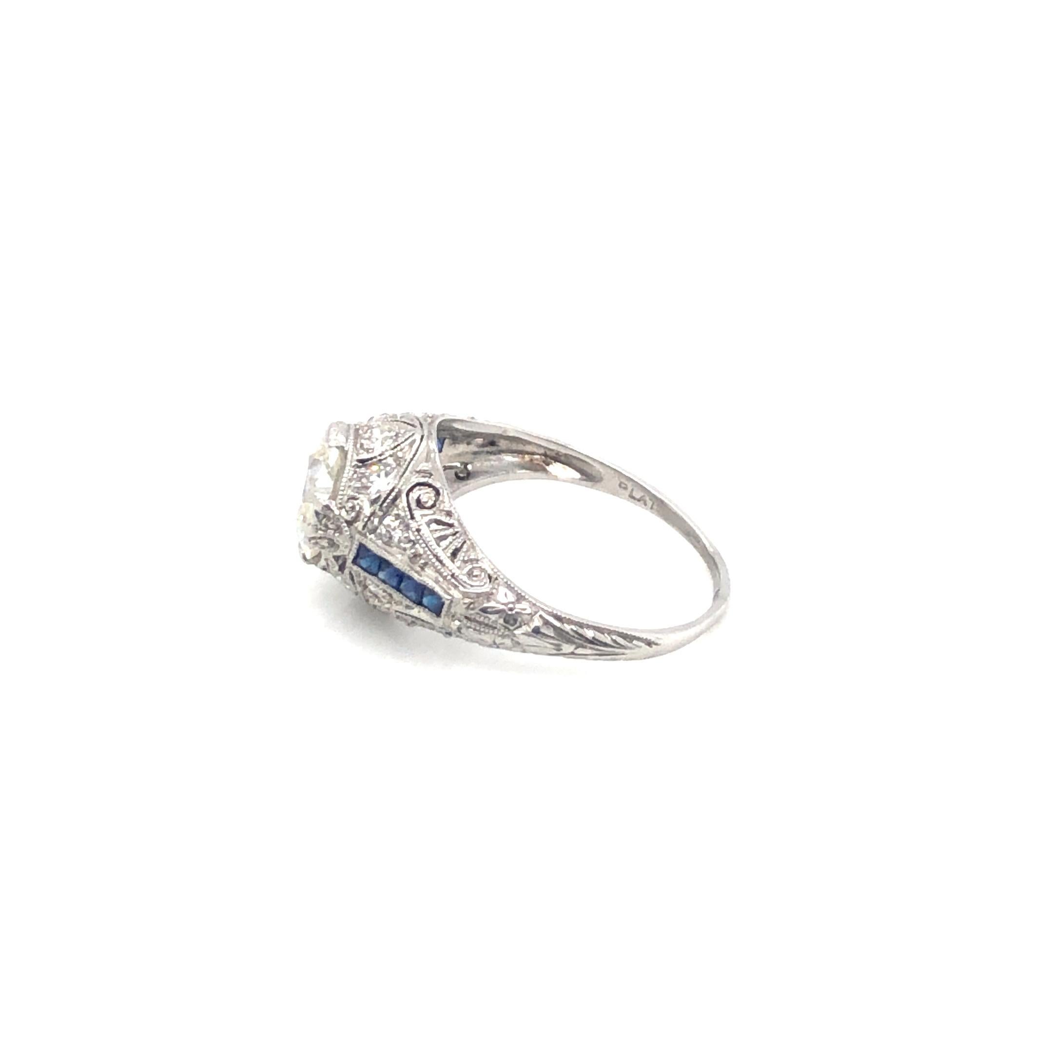Platinum 1.35ct European Cut Diamond, 6 Sapphires 1.42ctw Art Deco Estate Ring, Size 6 Circa 1920s