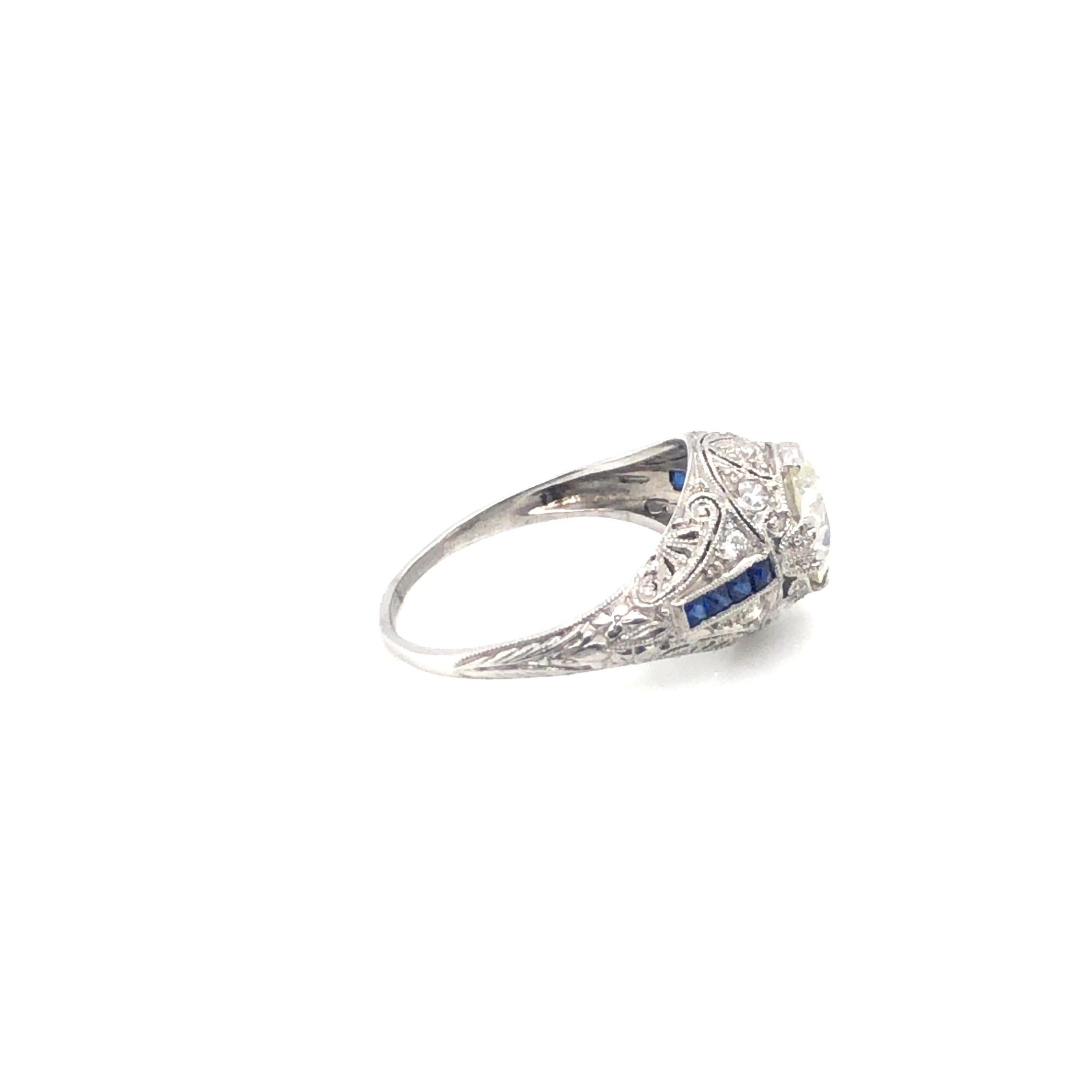 Estate Art Deco Diamond & Sapphire Ring Platinum In Good Condition For Sale In Dallas, TX
