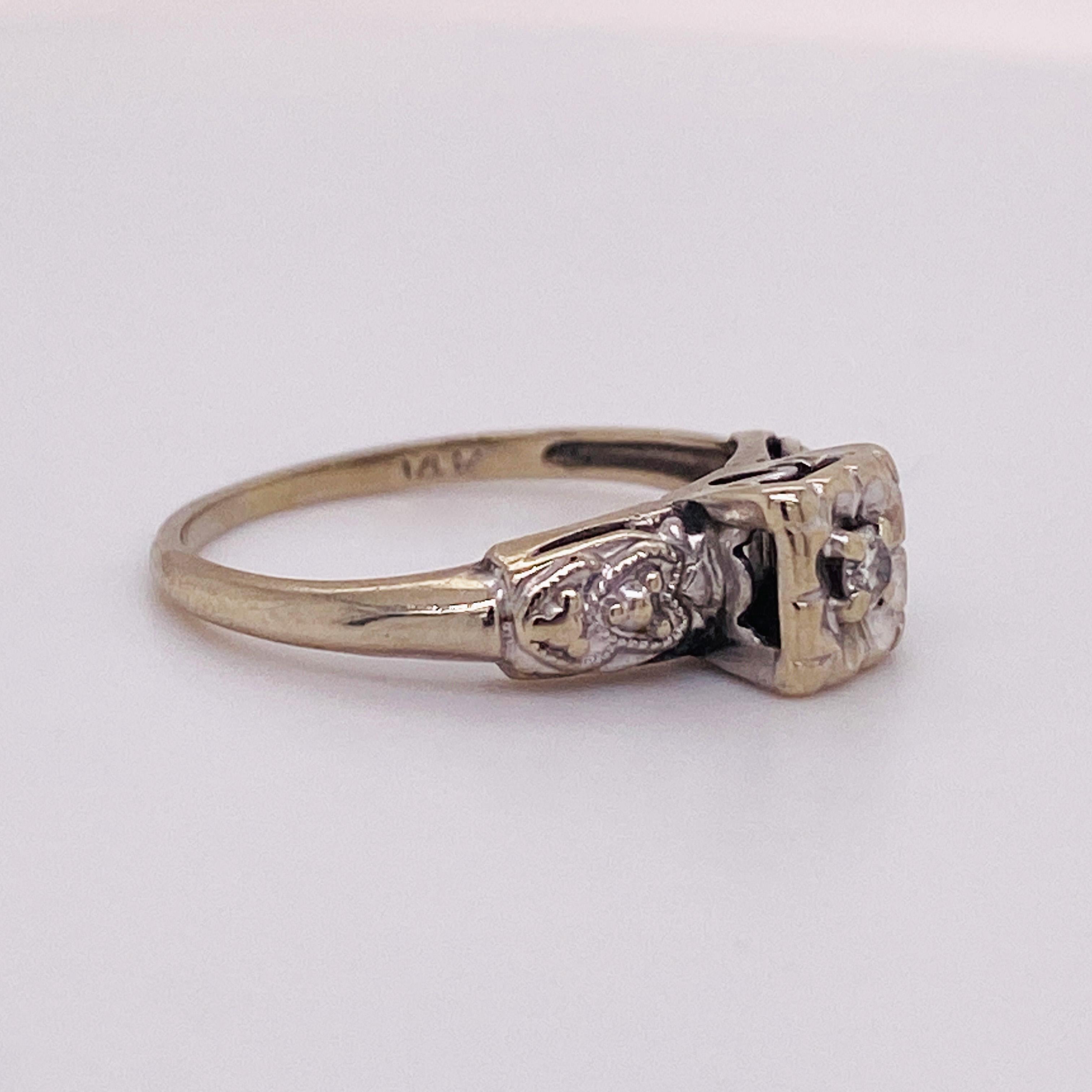 This is a diamond engagement ring that is Circa 1930. This estate ring has a wonderful history and was worn by a petite woman wearing a size 4.75. This engagement ring is solid 14 karat white gold with a .06 carat genuine, natural diamond. This ring