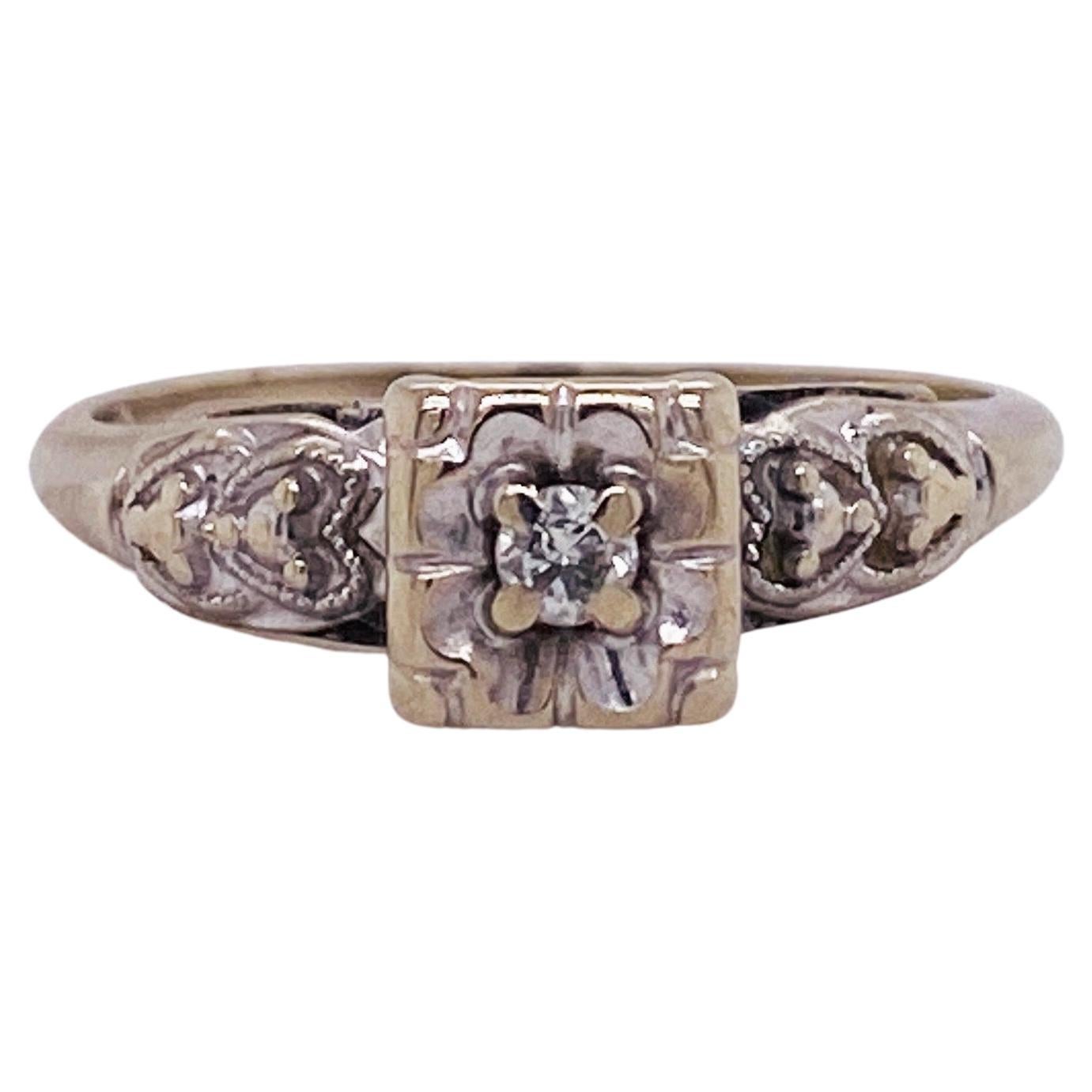 Estate Art Deco Engagement Ring in 14k White Gold with .06 Carat Diamonds For Sale