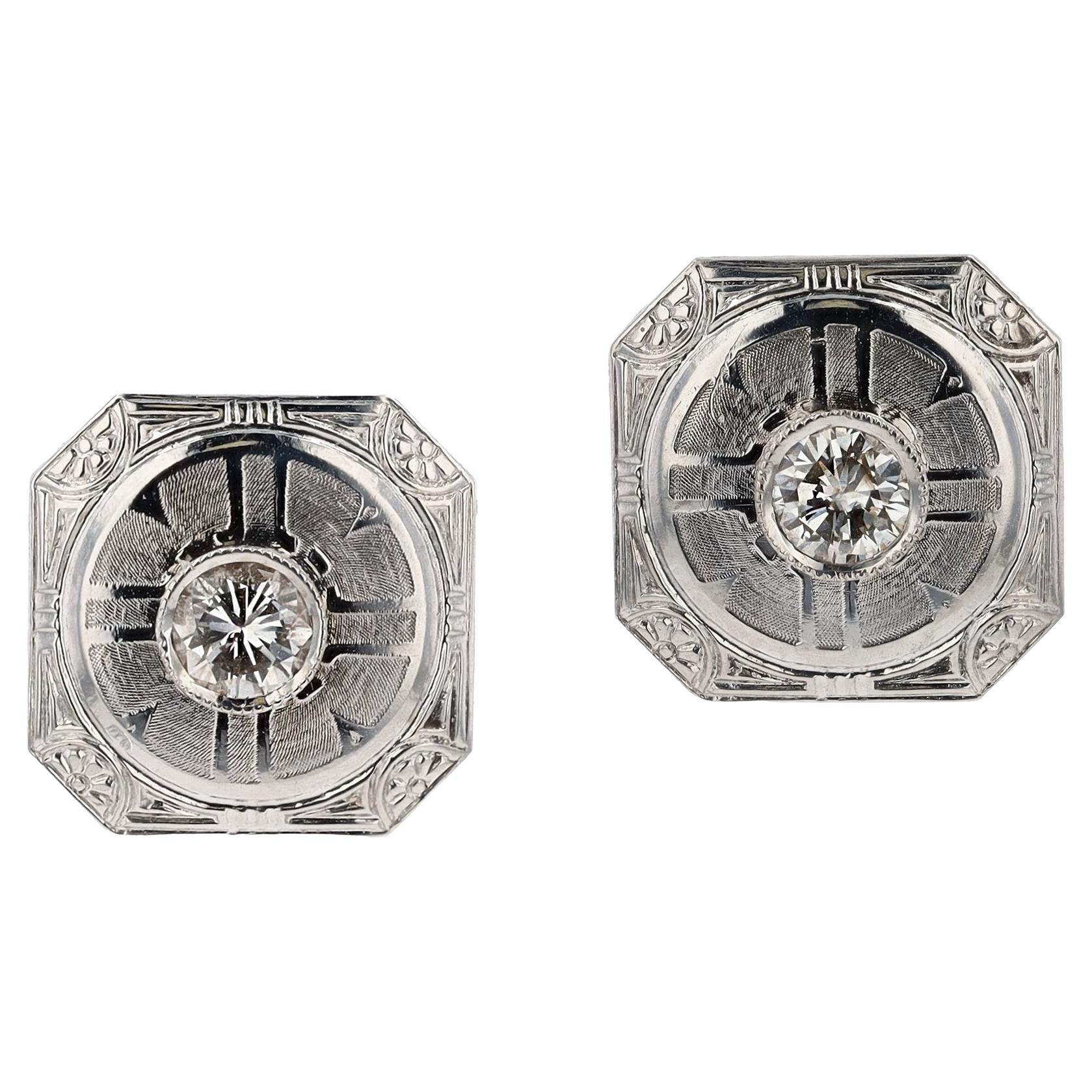 Estate Art Deco Engraved Diamond 14k White Gold Stud Earrings For Sale