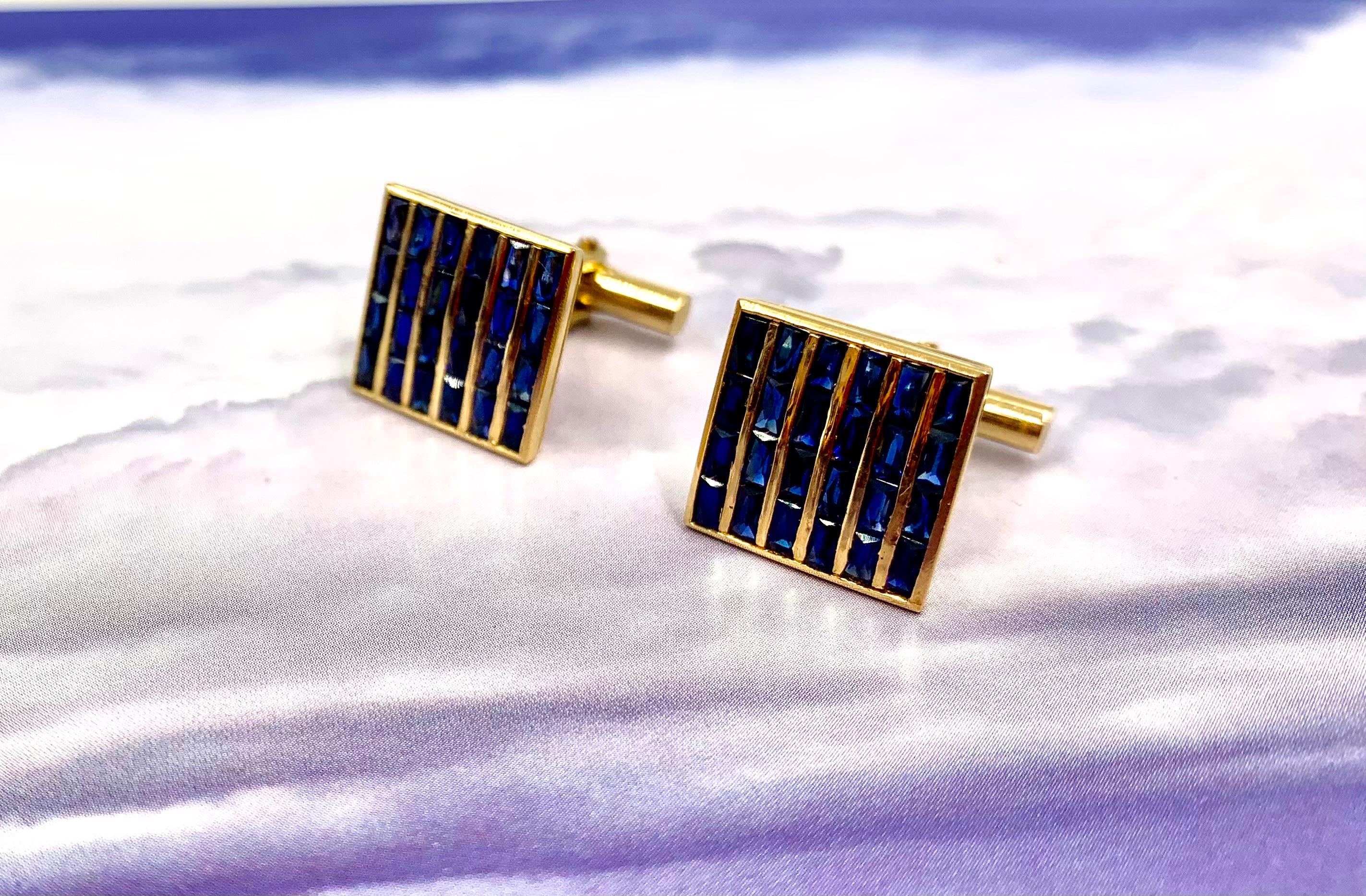 Boutons de manchette Art déco français en or jaune 18 carats sertis de 3 saphirs TCW en vente 6