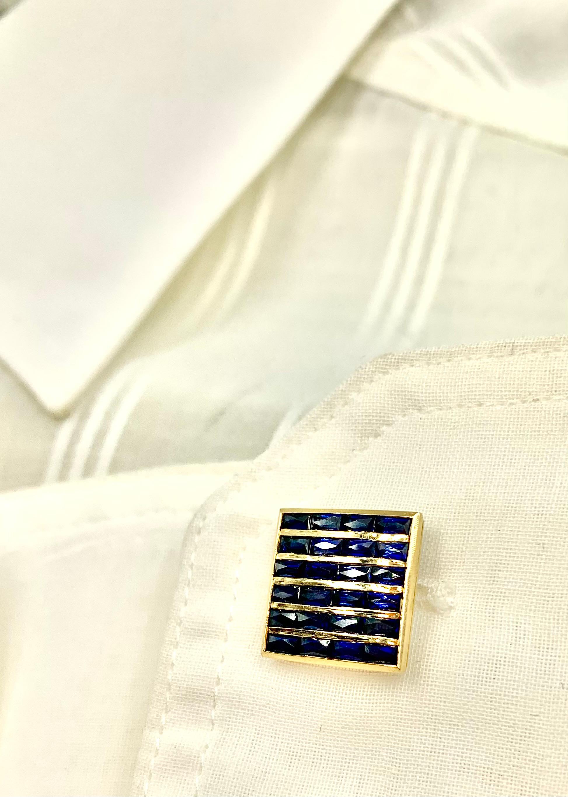 Boutons de manchette Art déco français en or jaune 18 carats sertis de 3 saphirs TCW en vente 1