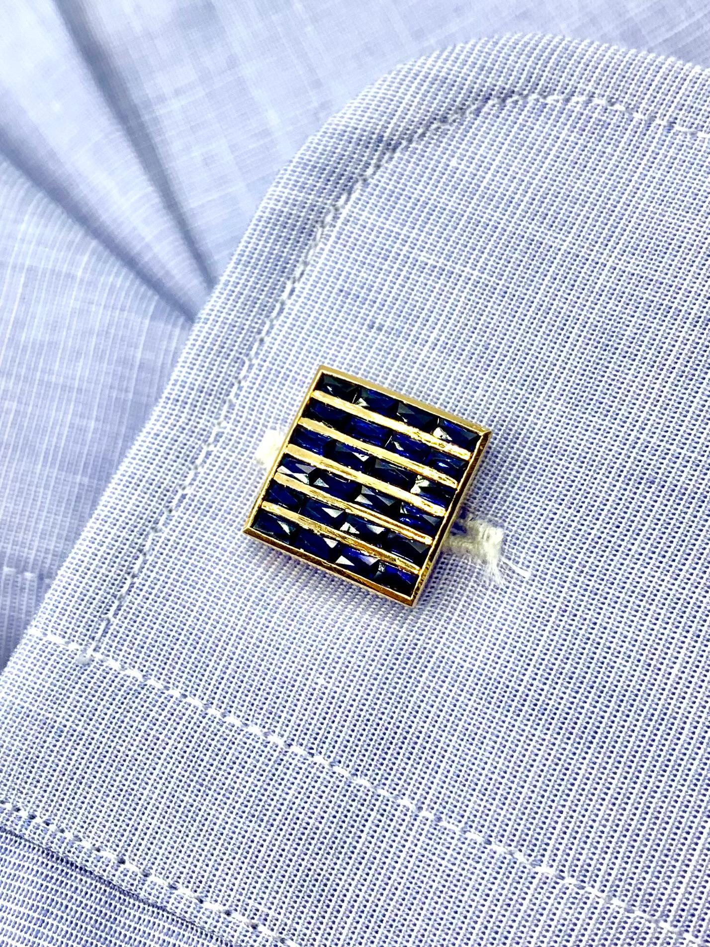 Boutons de manchette Art déco français en or jaune 18 carats sertis de 3 saphirs TCW en vente 2