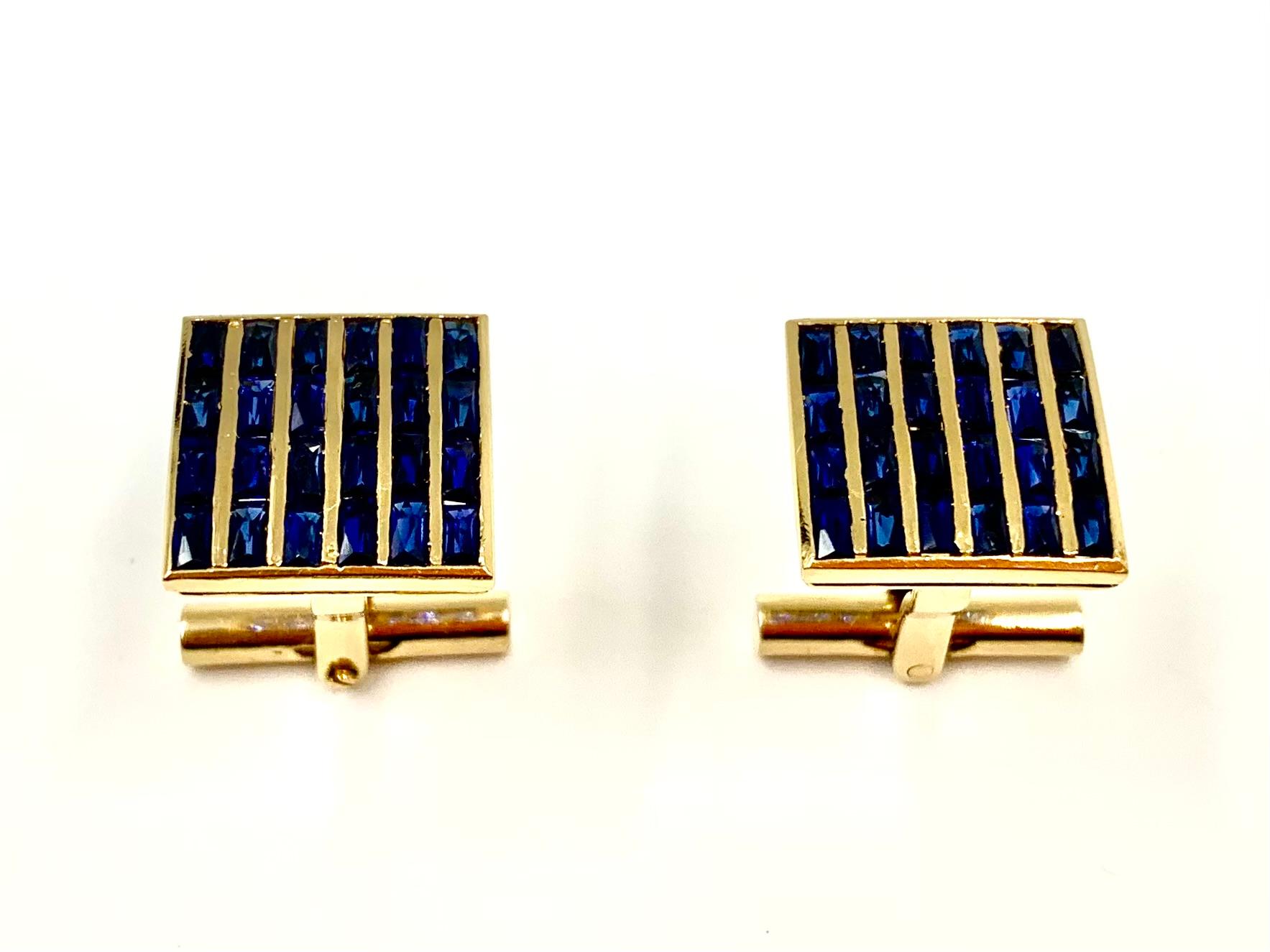 Boutons de manchette Art déco français en or jaune 18 carats sertis de 3 saphirs TCW en vente 4