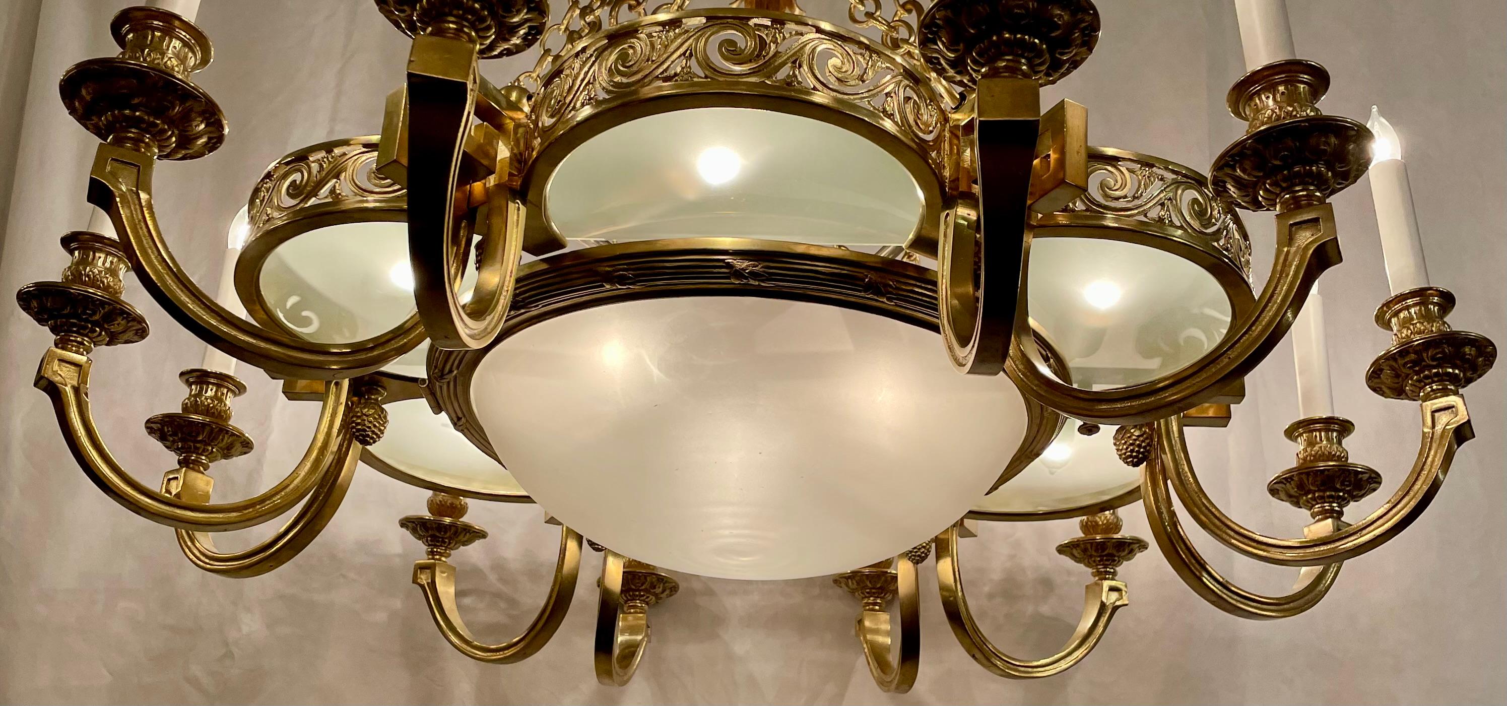20th Century Estate Art Deco French Gold Bronze & Smoked Glass Chandelier, Circa 1920-1940. For Sale