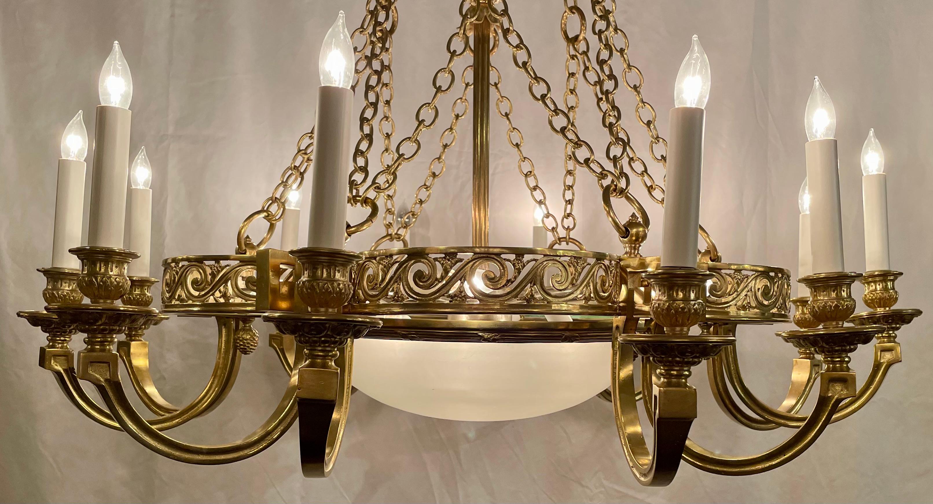 Estate Art Deco French Gold Bronze & Smoked Glass Chandelier, Circa 1920-1940. For Sale 1