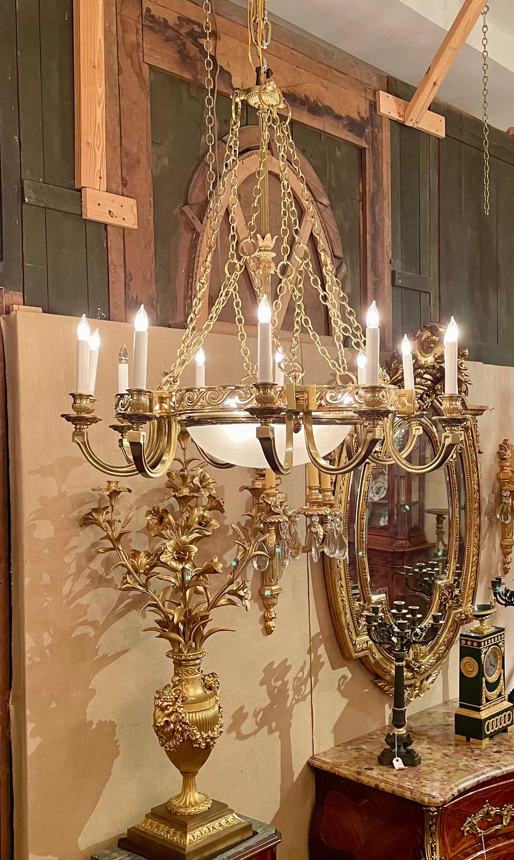 Estate Art Deco French Gold Bronze & Smoked Glass Chandelier, Circa 1920-1940. For Sale 5