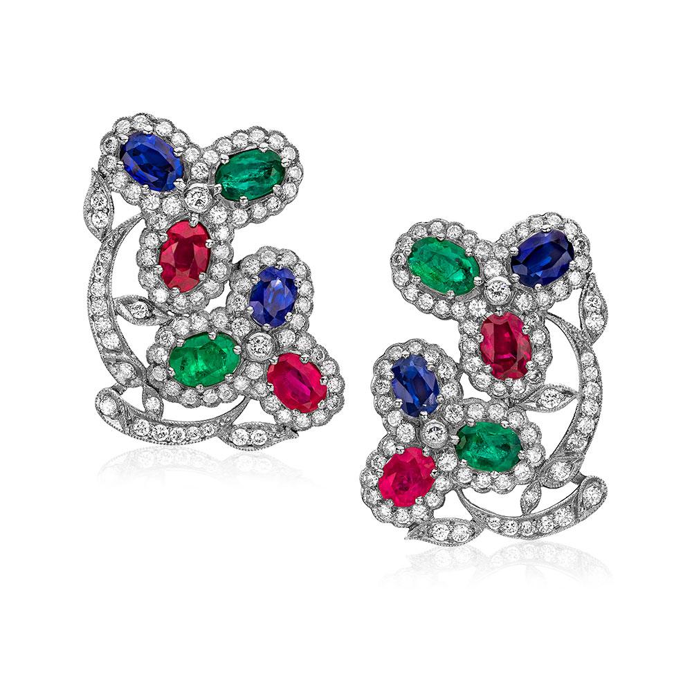 Estate Art Deco Inspired Ruby, Sapphire, Emerald and Diamond Earrings For Sale