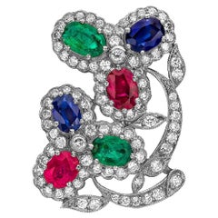 Estate Art Deco Inspired Ruby, Sapphire, Emerald and Diamond Earrings