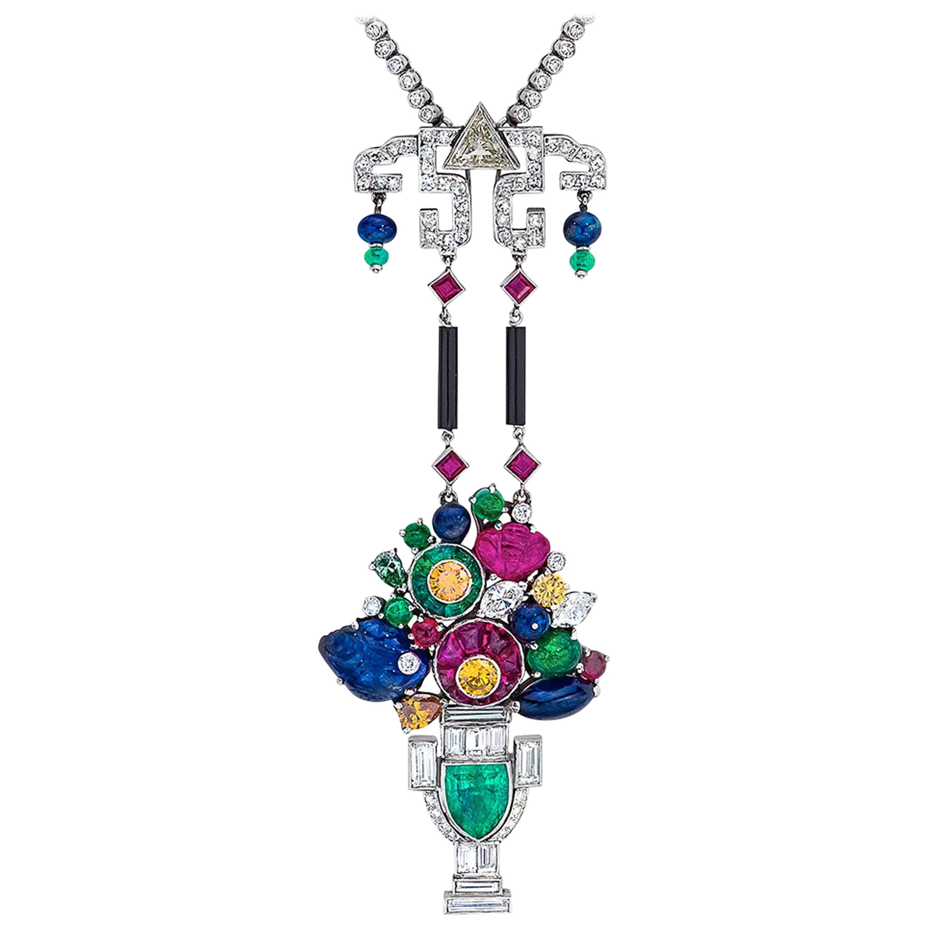 Estate Art Deco Inspired Tutti Frutti, Carved Gemstone and Diamond Necklace