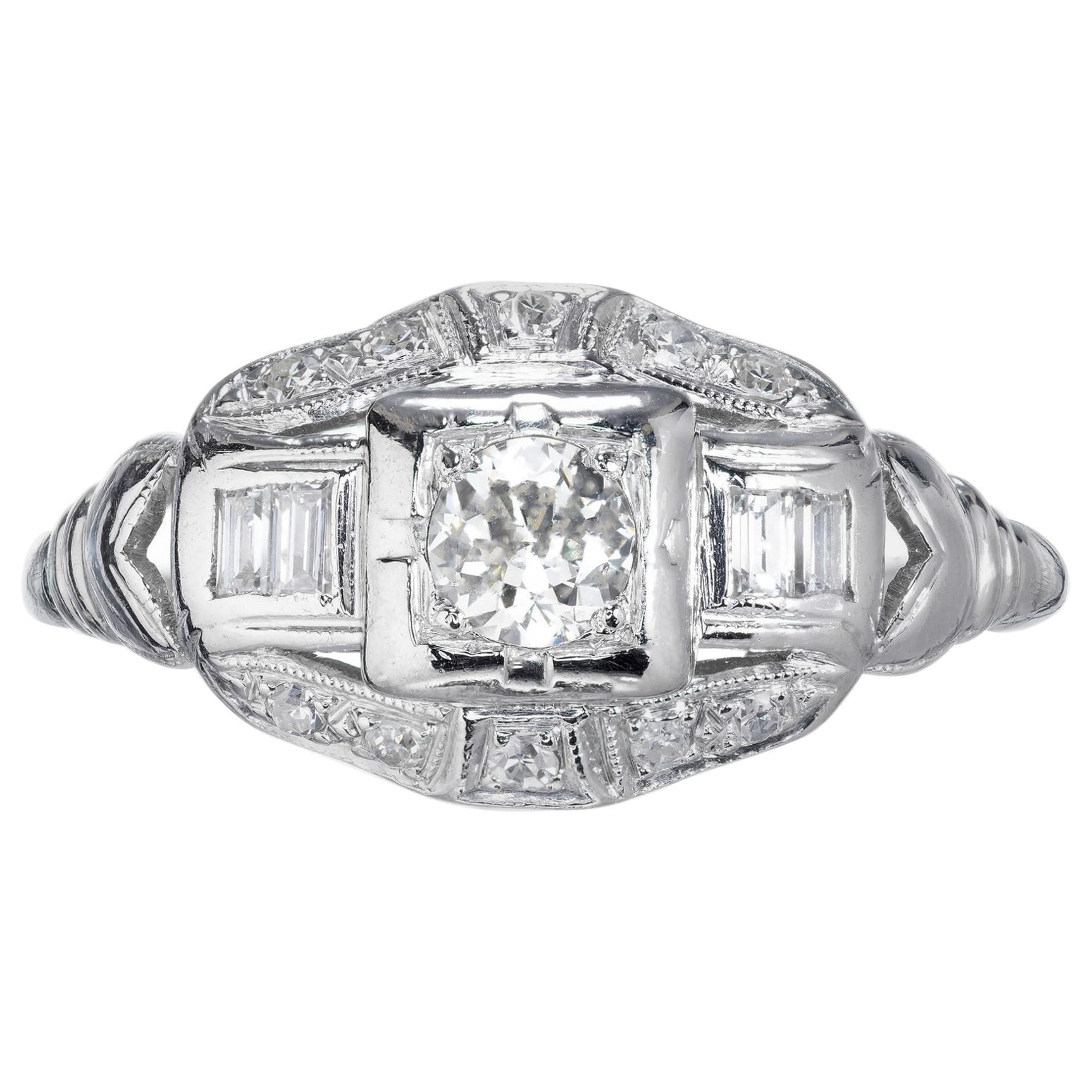 Estate Art Deco Platinum .40 Carat Baguette European Single Cut Diamond Ring