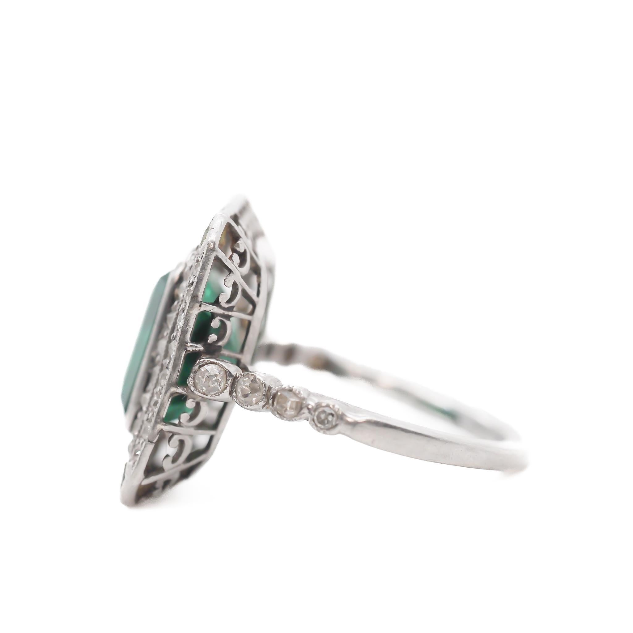 Estate Art Deco Platinum AGL Colombian Emerald and Diamond Ring - VEG#80b

Item Details:
Year: 1920s
Ring Size: 4.5
Metal Type: Platinum [Hallmarked, and Tested]
Weight: 5.3 grams

Center Emerald Details:

AGL Report #:1148850
Weight: 3.50ct total