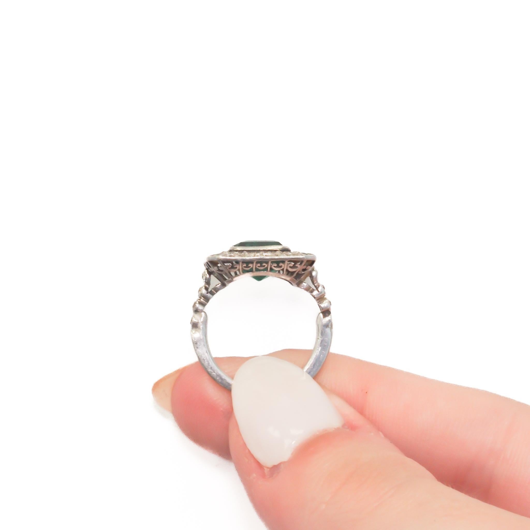 Emerald Cut Estate Art Deco Platinum AGL Colombian Emerald and Diamond Ring - VEG#80b