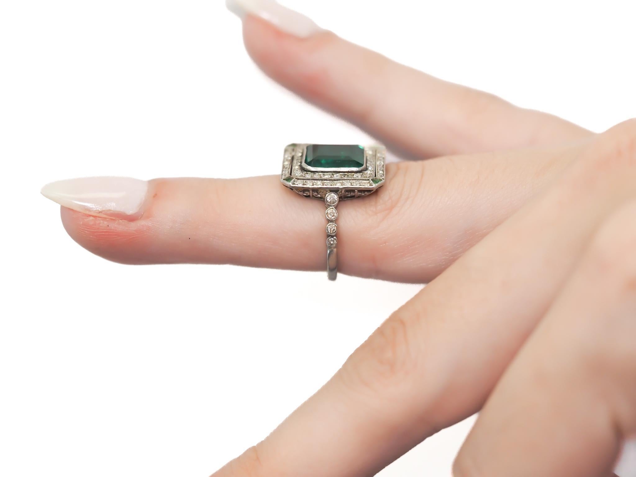 Women's Estate Art Deco Platinum AGL Colombian Emerald and Diamond Ring - VEG#80b