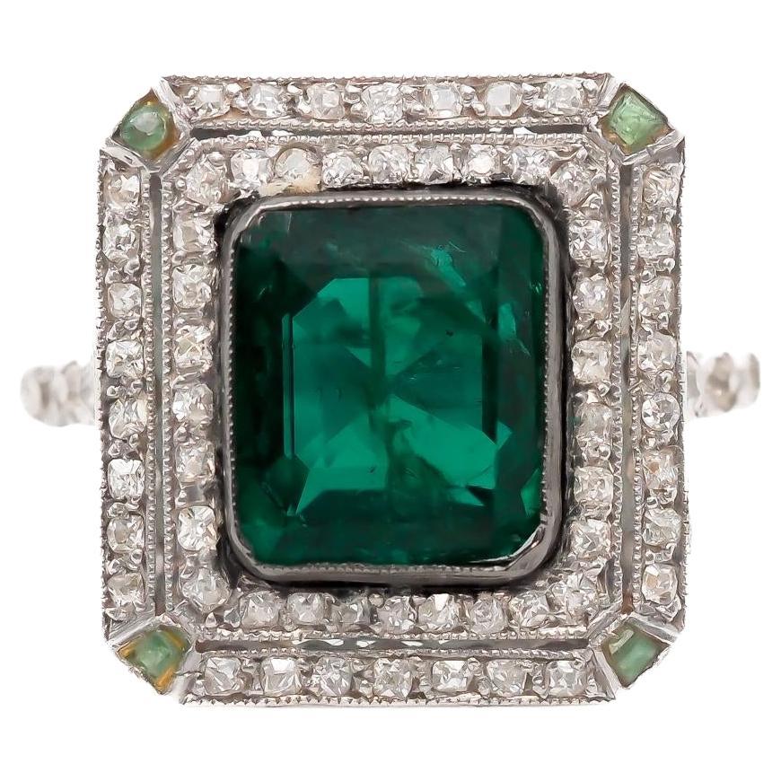 Estate Art Deco Platinum AGL Colombian Emerald and Diamond Ring - VEG#80b