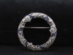 Estate Art Deco Platinum Circle Brooch with Sapphires and Diamonds - VHK#824b