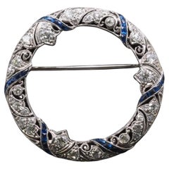 Estate Art Deco Platinum Circle Brooch with Sapphires and Diamonds - VHK#824b