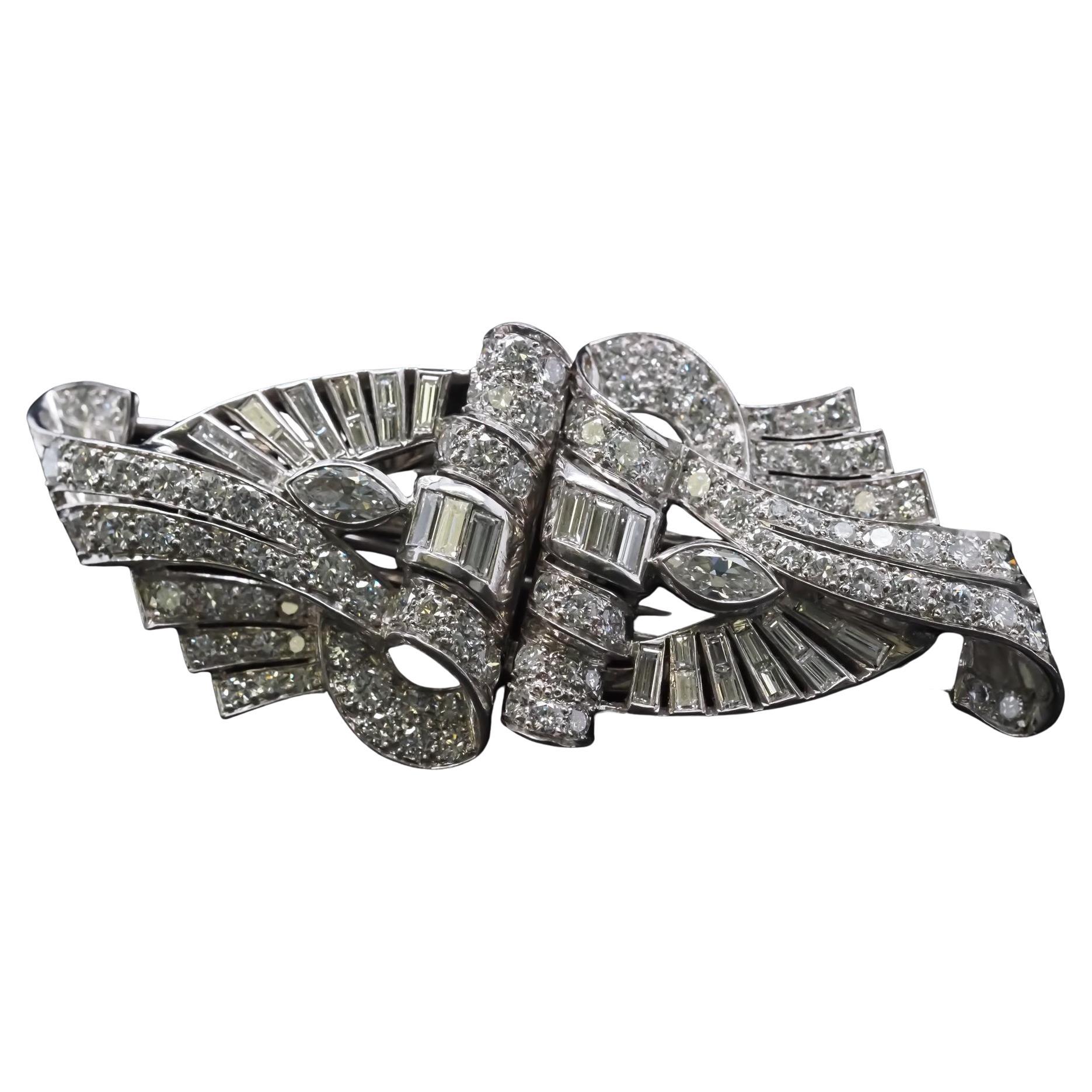 Estate Art Deco Platin Diamant Doppel-Clip-Brosche - VHK#508b