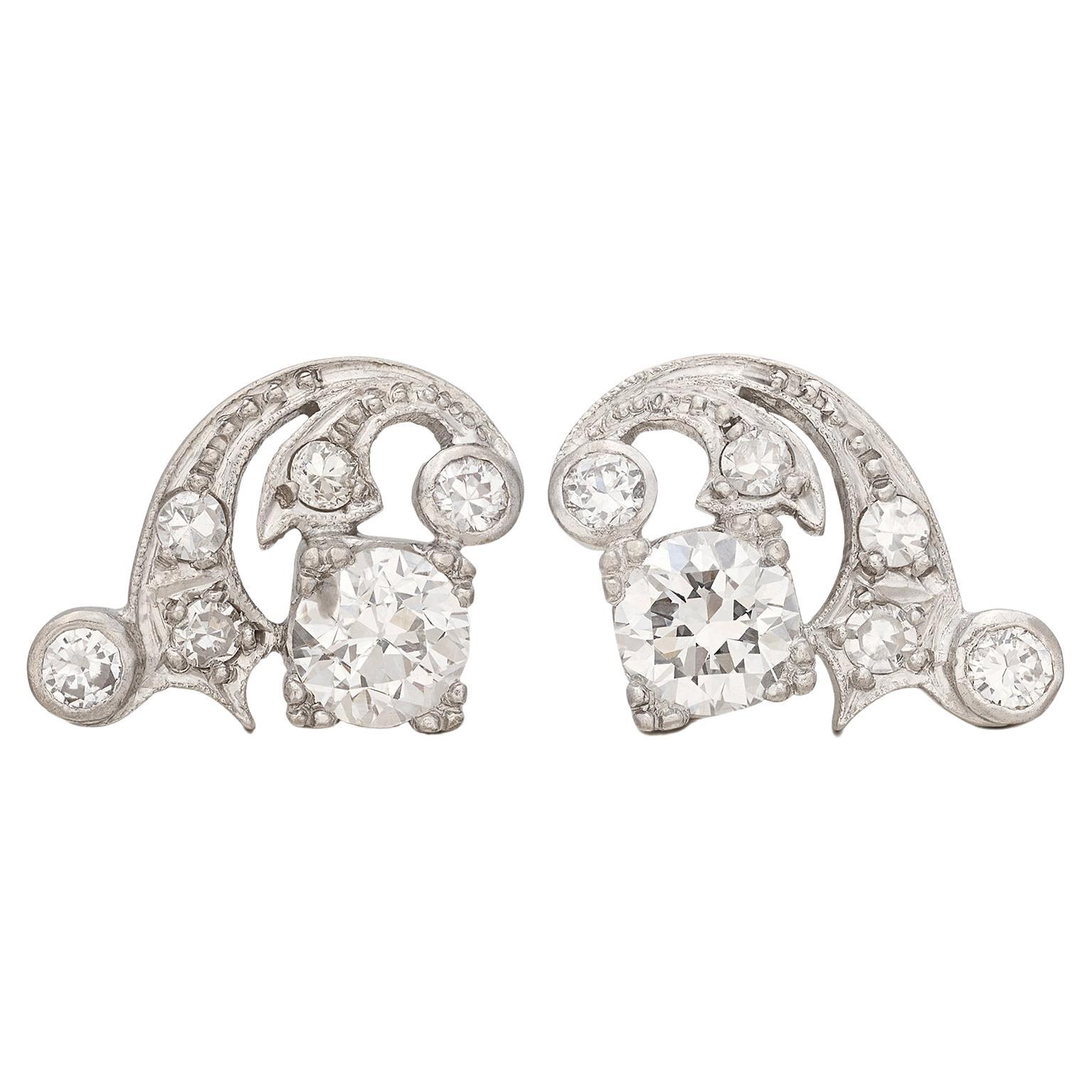 Estate Art Deco Platinum Diamond Earrings For Sale