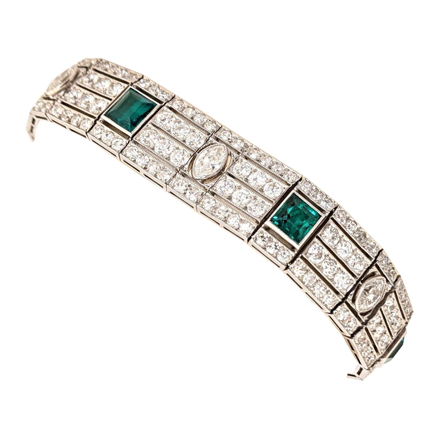 Nachlass Art Deco Platin-Armband mit Smaragd und Diamanten, um 1936